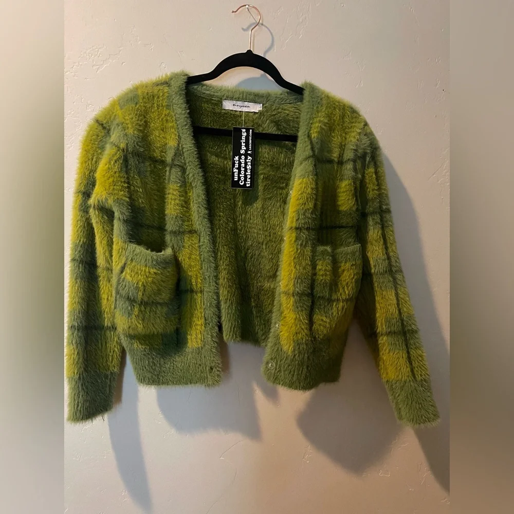Moss green Fauxhair button down cardigan - Picture 5 of 8